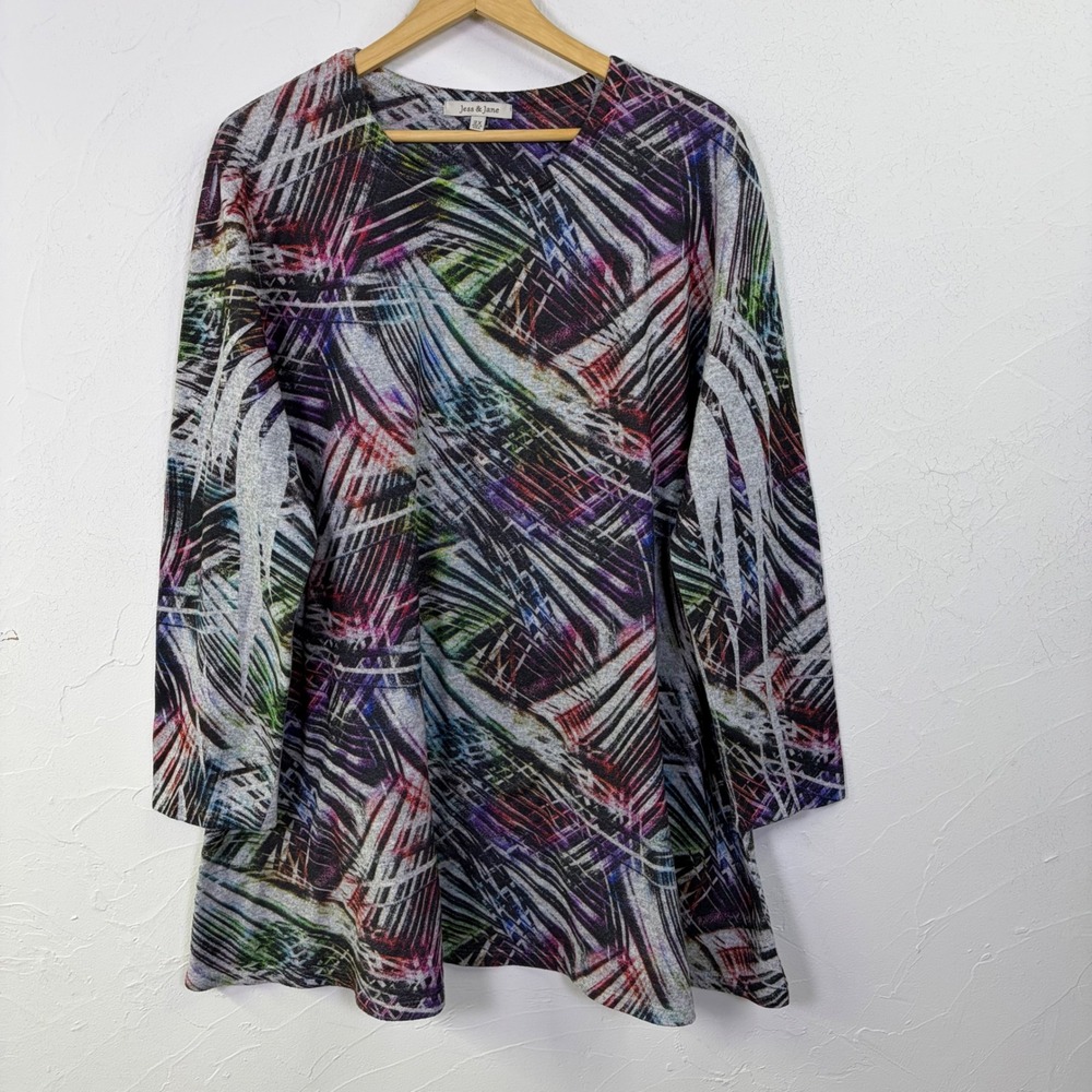 Jess Jane Abstract Print Tunic Top Womens 2X Long Sleeve Multi Color Art To Wear